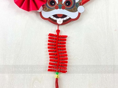 Vòng treo cửa Tết Hoa Cúc Râu ruy băng Đỏ Đầu Lân [Nhẹ - 3 Size] ĐK 16 - 30cm VTC-T-49